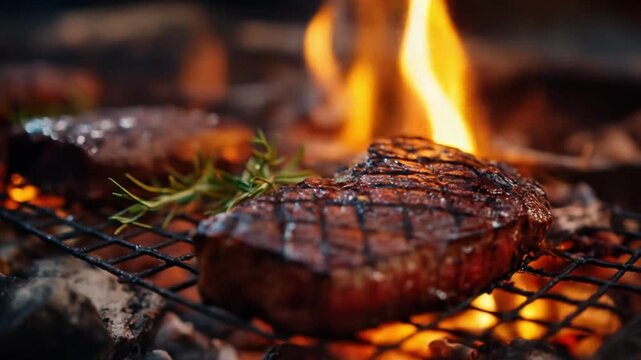 Juicy steak sears on a hot grill over embers, lattice marks, rosemary nearby, smoky aroma rising up