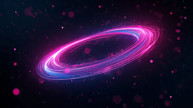 Abstract neon light trails forming an oval shape against a cosmic dark backdrop concept