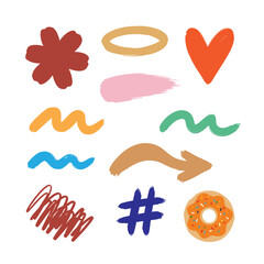 Collection of hand drawn abstract shapes and doodle elements on white background