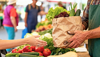 Person buying fresh vegetables with reusable bag at outdoor farmers market
