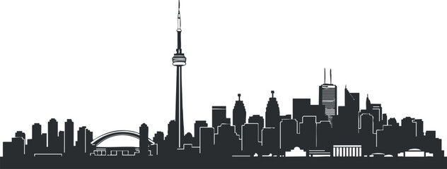 Fototapeta premium A silhouette of the Toronto skyline featuring the CN Tower and various urban landmarks in black and white vector style, ideal for travel and tourism branding