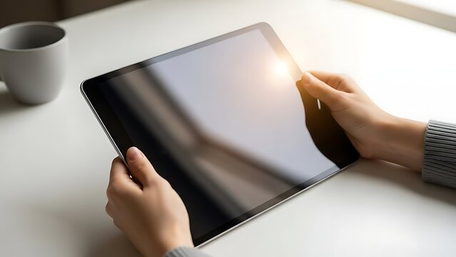 Person using a digital tablet on a white table.
