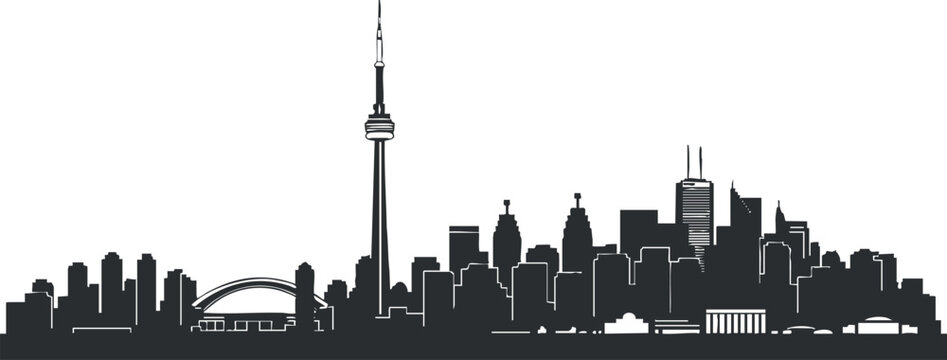 A silhouette of the Toronto skyline featuring the CN Tower and various urban landmarks in black and white vector style, ideal for travel and tourism branding