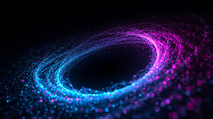 Abstract vortex of shimmering particles forming a cosmic portal with vibrant blue and pink colors