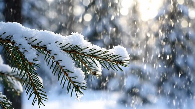 Serene slow motion view of delicate snow crystals gently falling onto evergreen pine branches in a tranquil winter forest setting frozen, background, ecology
