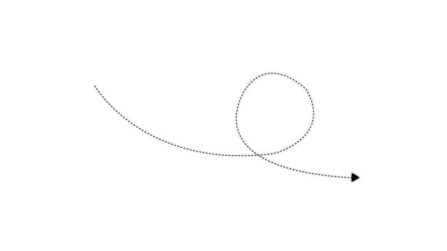 Abstract 4k Long dotted line arrow animation to indicate an object. arrow animation following wavy dotted line. target arrow icon on a white background.