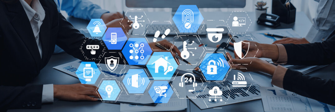 Home security icons show smart home, surveillance, and safety devices. Home security ensures monitoring, home security protection, and smart access. Entice