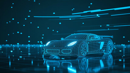 Cyberpunk Sports Car Wireframe Render with Futuristic Blue Glow on Reflective Surface