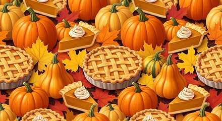 Autumn harvest celebration with pumpkin pies and gourds