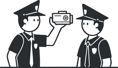 Two police officers discussing while one holds a camera, depicted in black and white vector style, suitable for law enforcement graphics