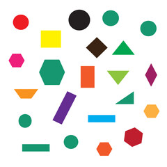 Colorful geometric shapes scattered on a white background for creative design