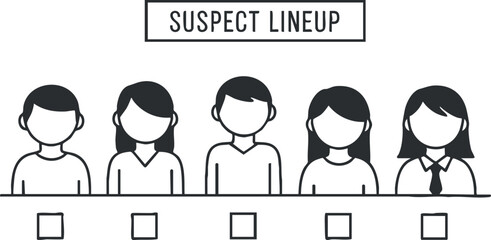 A suspect lineup featuring five faceless characters in a black and white minimalist vector style, suitable for crime and investigation themes