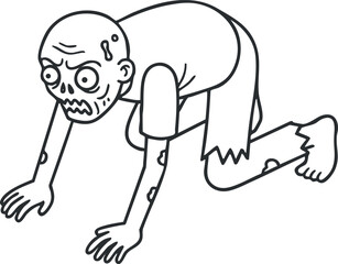 A cartoon zombie character crawling on all fours in black and white outline vector style, perfect for Halloween-themed designs
