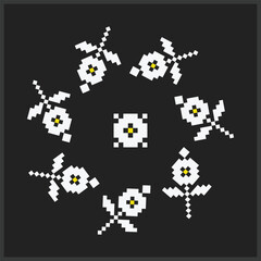Round pixel floral frame based on Ukrainian embroidery ornament with white flowers on dark background
