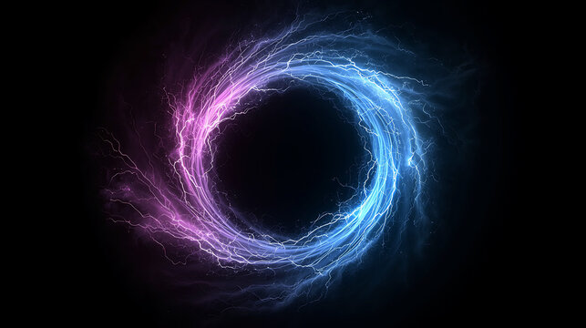 Electric discharge circle with pink and blue lightning vortex on dark black background - Powered by Adobe