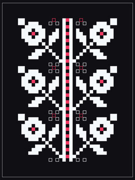 Ukrainian floral repeat pattern with white flowers and red elements on dark background