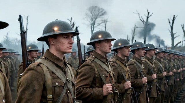 Troops in ordered readiness, Soldiers poised solemnly with weapons