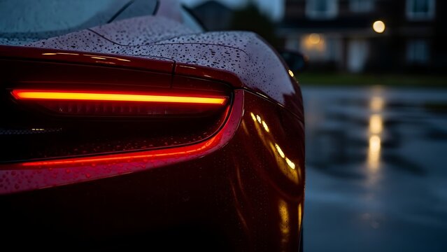 Rear taillight of a red sports car in the rain