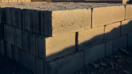 A close up shot of stacked concrete blocks showing texture and shadows in outdoor setting at daytime