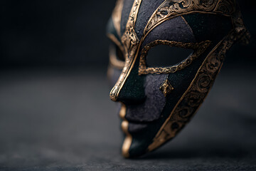 mardi gras mask, intense lighting highlights opulent gold-purple-green mardi gras mask, exuding carnival atmosphere