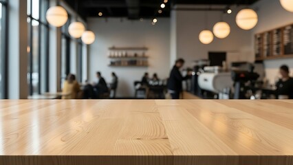 Obraz premium Empty wooden table top in a modern cafe with blurred background.