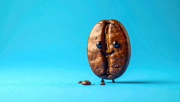 Whimsical anthropomorphic coffee bean with cute smiling face and tiny legs stands on a bright blue surface with water droplets creating a playful and imaginative scene