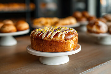 mardi gras treats, colorful king cake with festive decorations, creating a cozy bakery ambiance