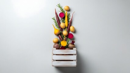 Assortment of fresh root vegetables spilling from a white wooden crate.