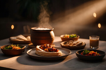 ramadan dinner, festive family gathering around a traditional iftar feast, with warm lighting adding to the ambiance