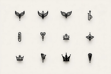 mardi gras iconography, mardi gras icons in minimalistic line art masks, beads, trumpets, and crowns