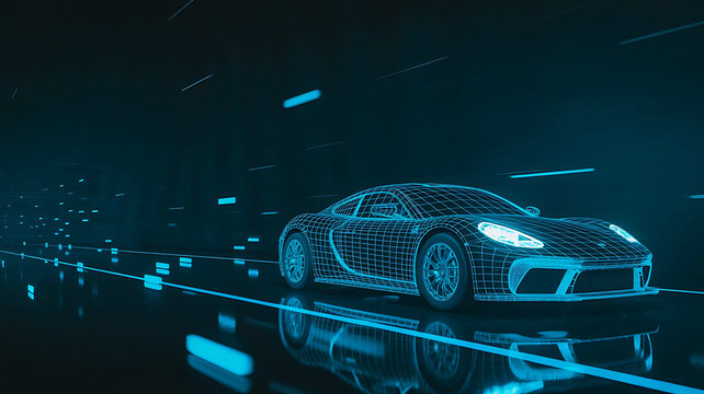 Futuristic Car Concept Rendering in Neon Blue Grid Design with Reflections and Speeding Lights