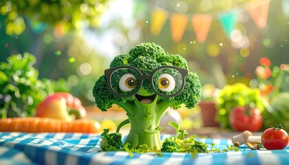 Whimsical Broccoli Character Wearing Glasses Smiling Outdoors on a Sunny Day with Festive Bunting and Fresh Produce