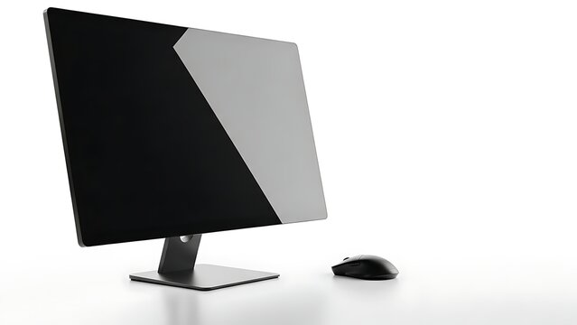 Modern computer monitor with blank screen and mouse on a white background
