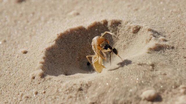 Antlion larva digging a pit in the sand.
