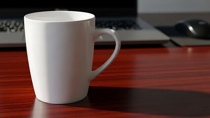 Clean white coffee mug on a wooden desk with a laptop in the background.