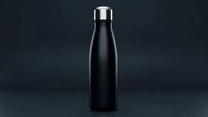 Sleek black insulated water bottle on a dark background.