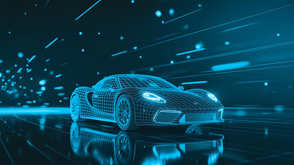 Futuristic electric car model with abstract neon light trails and reflections technology design concept