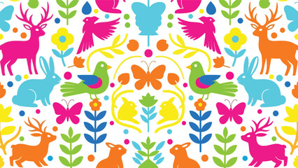 Seamless Otomi-inspired folk pattern with stylized animals and flowers arranged symmetrically in bold flat solid vector form