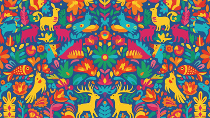 Seamless Otomi-inspired folk pattern with stylized animals and flowers arranged symmetrically in bold flat solid vector form