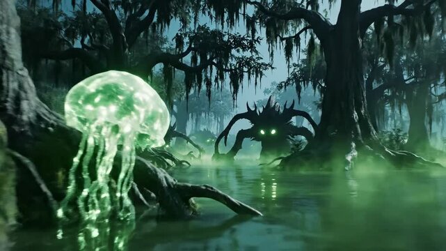 Mysterious swamp creatures emerge from misty green foggy forest environment