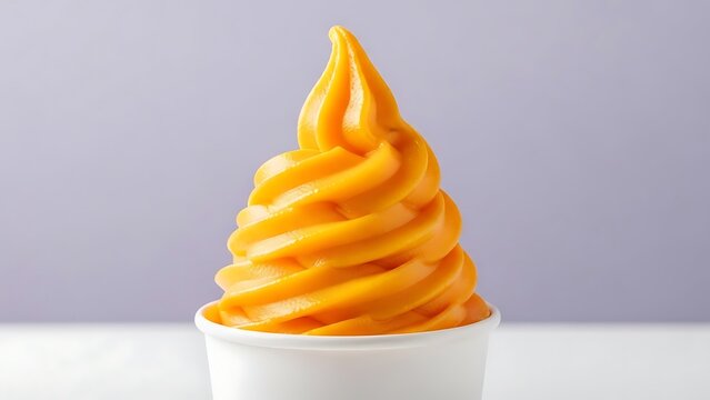 Delicious orange soft serve ice cream in a white cup against a pastel background.