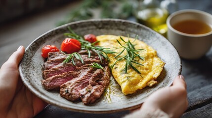Plate with steak and omelette with rosemary