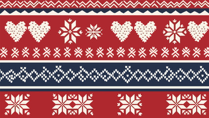 Flat seamless Nordic knitted-inspired pattern with snowflakes, hearts, and repeating geometric shapes, perfect for cozy seasonal textiles