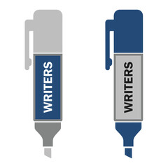 Two highlighter markers with the word writers on the body, one blue and one gray