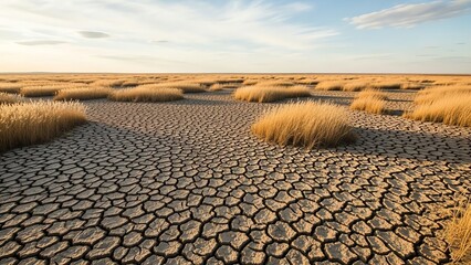 Dry cracked earth with sparse vegetation
