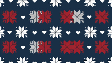 Flat seamless Nordic knitted-inspired pattern with snowflakes, hearts, and repeating geometric shapes, perfect for cozy seasonal textiles