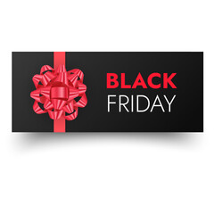 Black Friday Sale Banner with Realistic Red Gift Bow