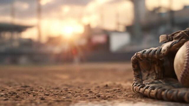 Glove cradles a leather baseball beside the dirt infield, sunset glow softens empty stands in frame