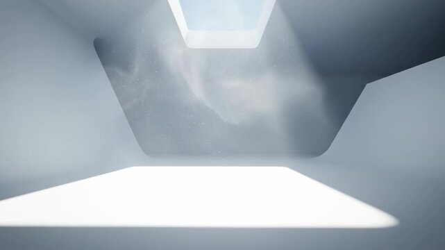 Slow cinematic pan across an extremely clean, white, empty geometric room with a single beam of dust-filled light emphasizing the vast negative space vastness, studio, perspective