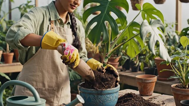 A person, wearing a braid and apron, repots a large plant into a blue pot